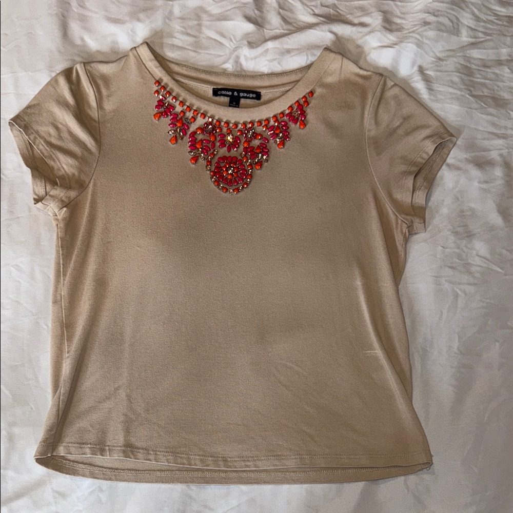 Cable & Gauge Embellished Statement Neckline Top – Beige – S